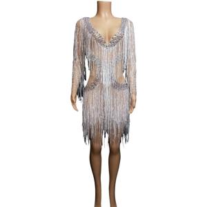 연예인 생일 파티 및 무대 공연을위한 스파클링 렌즈 중공 드레스 섹시한 긴 소매 복장 Robe Femme Chic Et élégante