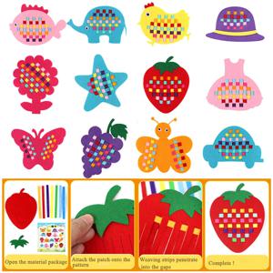 어린이 수제 직조 장난감 만화 치킨 꽃 과일 물고기 바다 동물 부직포 직조 재료 아트 크래프트 아이를위한 설정