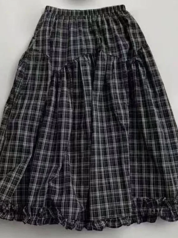 레트로 블랙 체크 A라인 미니 스커트 여성용 여름 2025 하이웨이스트 플레어드 헴 플로럴 트림 우산 스커트 루즈핏 얇은 모델