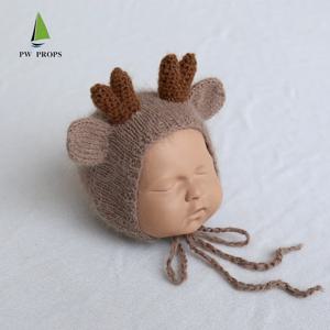 아기 니트 모헤어 사슴 모자 신생아 사진 소품 소프트 스트레치 크로 셰 뜨개질 순록 보닛 사진 촬영