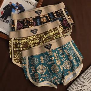 레트로 민족 스타일 남자 복서 편안한 팬티 디자인 빈티지 인쇄 탄성 속옷 남자 란제리 중반 허리 속옷