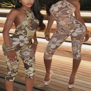 Kliou 미적 인쇄 홀터 여성 Playsuits 패션 섹시한 등이없는 붕대 바디 쉐이핑 Rompers 여성 매력적인 클럽 원피스