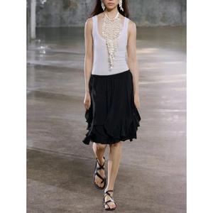 하이웨이스트 비대칭 밑단 레이어드 장식 홀리데이 스타일 숏 스커트 통근룩 루즈핏 솔리드 컬러 폴리에스터 섬유 스커트