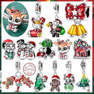 크리스마스 참 비즈 펜던트 925 스털링 실버 크리스마스 엘크 눈사람 산타클로스 참 오리지널 팔찌 여성 DIY 쥬얼리