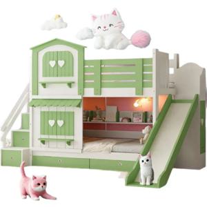 어린이 침대 여자아이 이층 침대 2층 분홍색 공주풍 성 침대 슬라이드 이층 침대