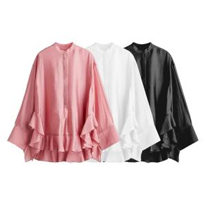 유럽과 미국 스타일의 가을 신상 여성 의류 부드럽고 세련된 핑크색 러플 셔츠 탑