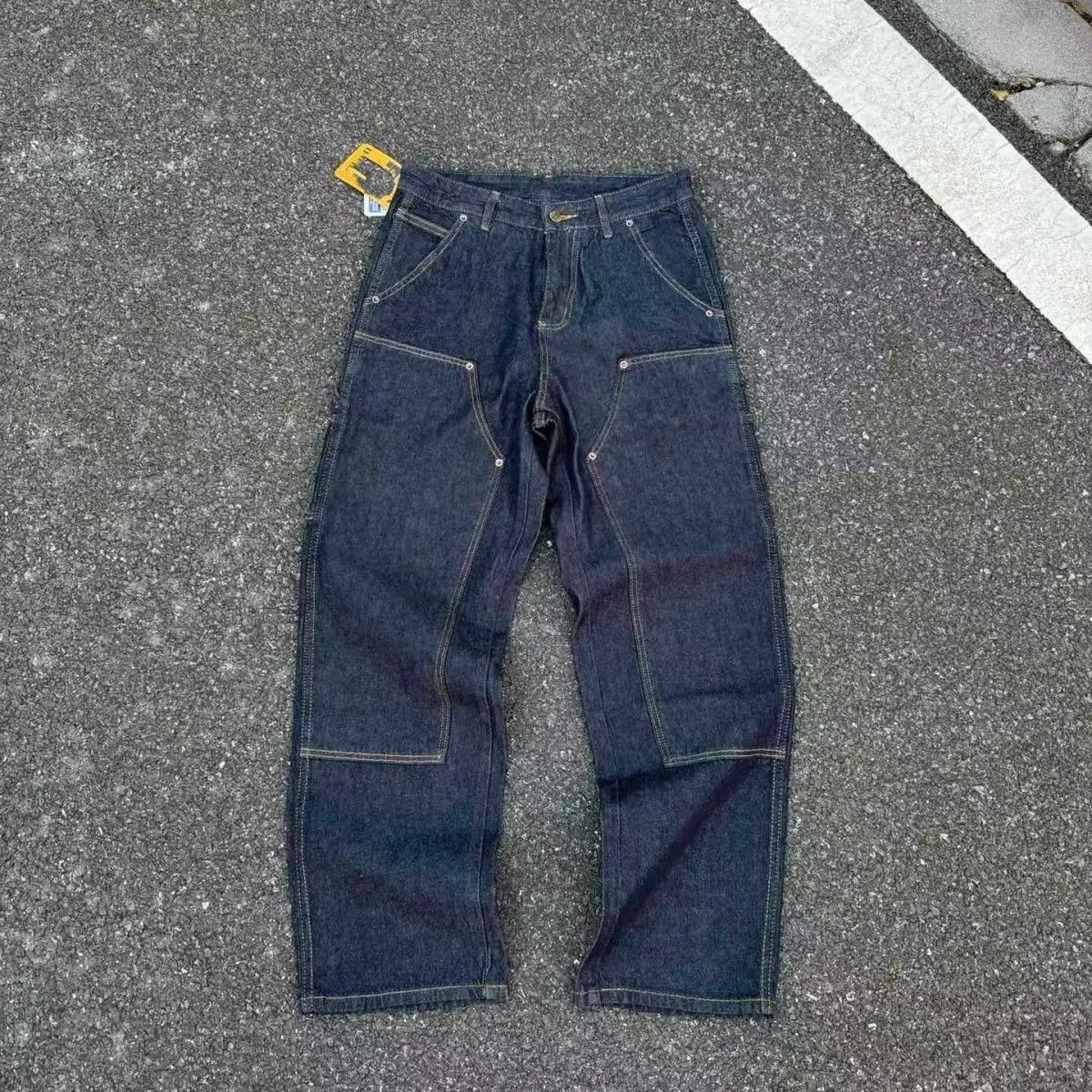 미국 레트로 남성 작업복 청바지 더블 니 로깅 라지 포켓 스트리트 스트레이트 스케이트보드 청바지 캐주얼 루즈핏 청바지