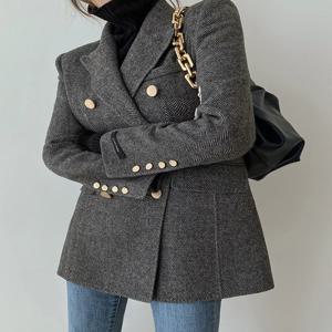 우아한 울 코트 여성용 한국 스타일 가을 롱 슬림핏 체크무늬 수트 더블 버튼 폴리에스터 섬유