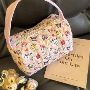 2025 신상 만화 체크무늬 토트백 - 대용량 버블 코튼 화장품 가방, 출퇴근 및 여행용 세면도구 정리함