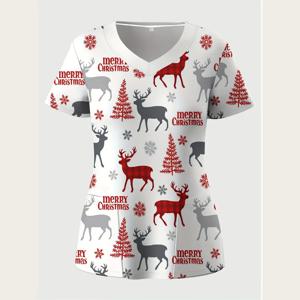 크리스마스 3D 프린트 V넥 간호사 유니폼 반소매 스크럽, 순록 눈송이 디자인, 메리 크리스마스 레터링