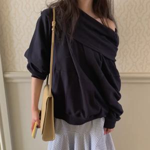 귀여운 캥거루 포켓 후드 숄더 베어드 코튼 블렌드 디자인 센스 여성용 스웨트셔츠 캐주얼 출퇴근 스타일 레귤러 길이