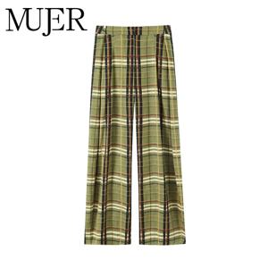 MUJER 여성용 체크 와이드 레그 팬츠 중간 허리 루즈 팬츠 여성 스트리트웨어 캐주얼 여성 팬츠 휴가 빈티지 바지 여성용