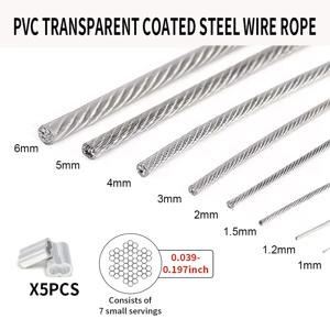 5-20M 304 스테인리스 스틸 와이어 로프, PVC 투명 코팅, 1/1.2/1.5/2/3/4/5mm 스틸 케이블 로프