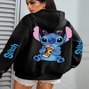 2025 디즈니 스티치는 선글라스를 쓰고 커피를 마십니다! 핑크 아메리칸 레트로 후디 트렌디 브랜드 프린트 가을/겨울 루즈 코트