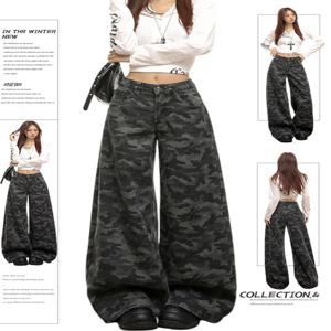 플러스 사이즈 여성용 아메리칸 하이 스트리트 카모플라주 와이드 레그 진 로우 웨이스트 루즈 스트레이트 슬리밍 팬츠 캐주얼 가을 의류