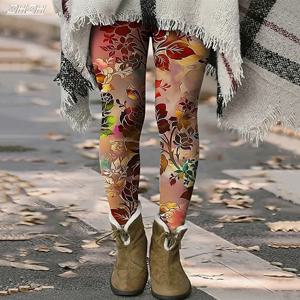 여성 레깅스 빈티지 꽃무늬 프린트 아웃도어 바지 폴리에스터 스판덱스 신축성 있는 허리밴드, 가을 겨울 스트리트웨어