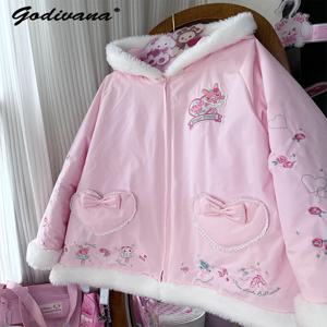 새로운 겨울 달콤하고 귀여운 소녀 나비 매듭 하트 후드 퍼 칼라 솜 패딩 재킷 여성용 두꺼운 따뜻한 파카 코트