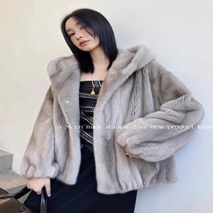 HDHOHR 2025 신상 리얼 밍크 퍼 코트 여성용 후드 포함 고급 전체 밍크 퍼 코트 겨울 두꺼운 따뜻한 리얼 밍크 퍼 재킷 여성용