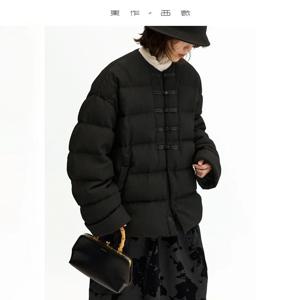 구스 다운 ~ 새로운 중국 스타일 실크 크레프 드 신 90% 다운 재킷 여성용, 슬림 핏, 라운드 넥, 가을 및 겨울 신상, 따뜻한 블랙 코트