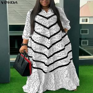 VONDA 플러스 사이즈 러플 여성 보헤미안 드레스 가을 롱 맥시 로브 프린트 파티 우아한 3/4 소매 캐주얼 루즈 드레스 5XL