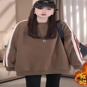 두꺼운 플리스 후드티 큰 사이즈 가을 겨울 신상 스트라이프 라운드넥 한국 버전 세 줄 다용도 중간 길이 넓은 포켓 손수건 포함