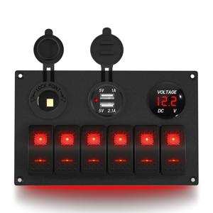 6갱 로커 스위치 패널 12V 마린 스위치 패널 방수 레드 LED 5핀 마린 로커 스위치 패널 USB 소켓 볼트미터 포함