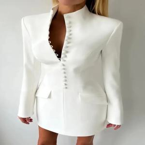 줄리사 모 스탠드 칼라 싱글 브레스티드 여성 블레이저 드레스 블랙 롱 슬리브 숄더 패드 겨울 슬림 엘레강트 블레이저 드레스 2025