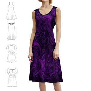 여성을위한 보라색 마술 보헤미안 민소매 드레스 인쇄 비치 파티 드레스 오각형 마술 보라색 버스트 트리피 여성 의류