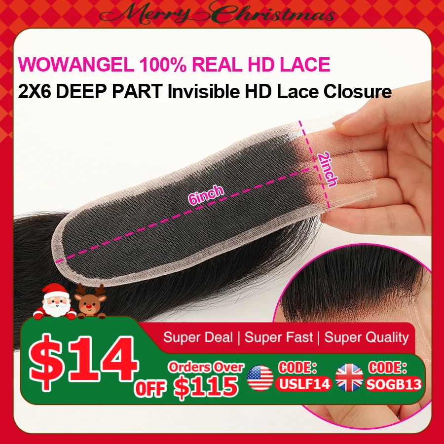 WOWANGEL 2x6 딥 파팅 HD 레이스 클로저 정면 전용 멜트 스킨 스트레이트 헤어 Kim K 클로저 Pre Plucked Virgin Hair For Women