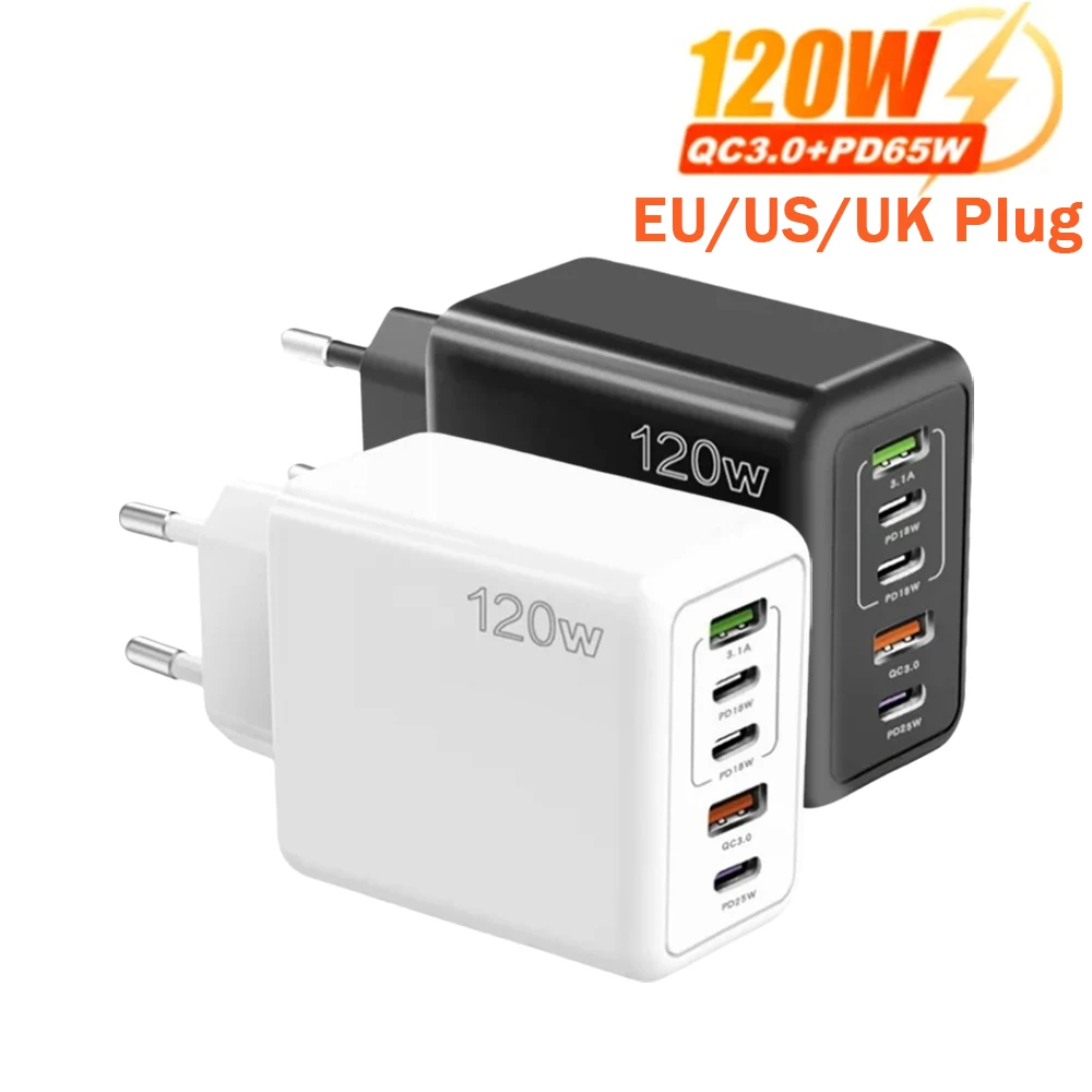 총 120W USB 충전기 5포트 타입 C 고속 충전 휴대폰 벽면 어댑터 EU/US/UK 플러그 (아이폰, 삼성, 샤오미, 화웨이용)