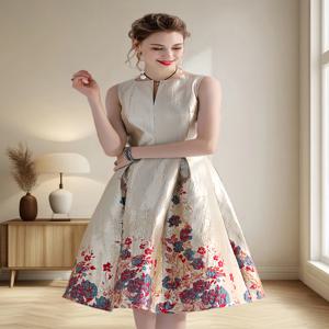 럭셔리 여성 패션 하이 퀄리티 자카드 A 라인 볼 가운, 민소매 여름 캐주얼 의류, 미디 팜므 파티 드레스