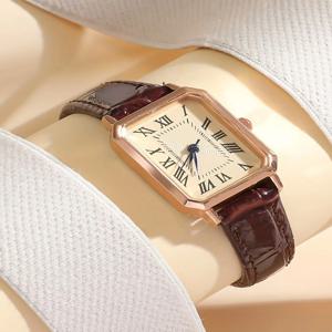 여성용 캐주얼 직사각형 포인터 쿼츠 시계, 로마 패션, 아날로그 레트로 PU 가죽 손목 시계