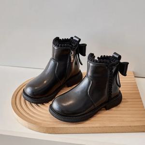 여아 앵클 부츠, 뒷면 리본 매듭, 키즈 숏 부츠, 소프트 솔, 2025 신상 여아 공주 가죽 부츠, 따뜻한 솜 안감, 사이드 지퍼
