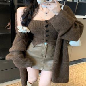 한국식 여유로운 스타일 여성 스웨터 재킷 루즈 니트 가디건 탑 체스트 베스트 투피스 세트 가을 패션 캐주얼웨어