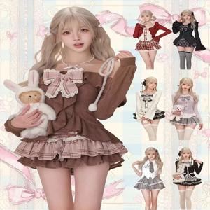 고딕 Y2k 빈티지 프레피 스타일 2 조각 세트 여성 스위트 보우 니트 카디건 프릴 격자 무늬 미니 스커트 패션 로리타 의상 새로운