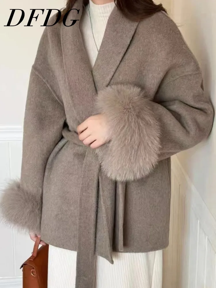 DFDG 짧은 레이스업 라펠 캐시미어 모직 코트, 패션 템퍼러먼트, 2024 가을 및 겨울 신상 컬렉션