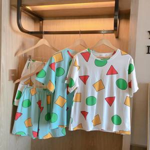 반팔 잠옷 여성 여름 만화 귀여운 기하학 Nightwear Homewear 캐주얼 풀오버 셔츠 Ladies Sleepwear Loungewear