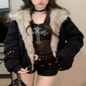 겨울 새로운 우아한 라이너 모피 루스 코트 여성 Y2k 모피 칼라 후드 두꺼운 패션 파카 캐주얼 겉옷 코튼 패딩 자켓