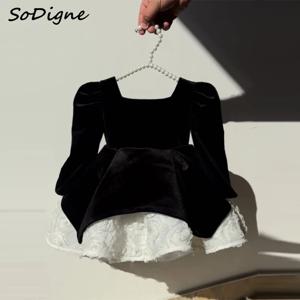 SoDigne A 라인 벨벳 플라워 걸, 원피스 스퀘어 칼라, 긴 소매 짧은 스커트, 소녀 파티 드레스, 맞춤형 공주 아이 가운