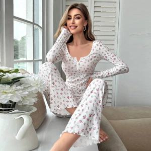 잠옷 여성 꽃 프린트 양상추 트림 탑 긴 바지 러블리 Loungewear 풀 슬리브 Nightwear 봄 가을 잠옷 세트
