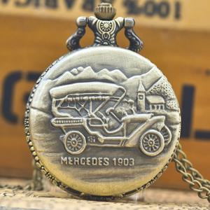 빈티지 청동 Steampunk 빈티지 자동차 1903 조각 된 석영 주머니 시계 목걸이 펜던트 시계 체인 남성 여성 체인 선물