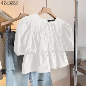 ZANZEA 여성 여름 탑 반소매 블라우스 2025 캐주얼 솔리드 컬러 튜닉 여성 프릴 라운드 넥 Pleated Blusas Oversize
