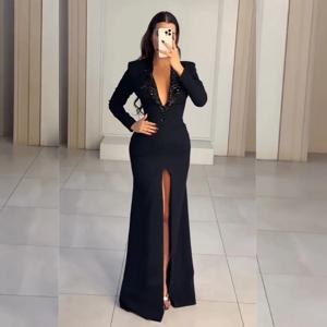 맞춤형 저지 라인스톤 외장 브이넥 롱 드레스 맞춤형 행사 저녁 현대적인 스타일 정장 패션