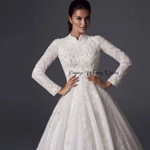 사용자 정의 이슬람 높은 칼라 a 라인 웨딩 드레스 주름 긴 소매 레이스 applique 신부 드레스 빈티지 vestidos de novia 2025