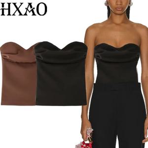 HXAO 여성용 코르셋 크롭탑 여성 여름 스트랩리스 블랙 튜브탑 러칭 백리스 섹시 솔리드 탑 오프숄더 뷔스티에 088