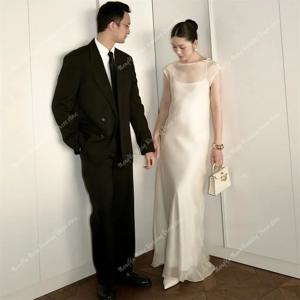 우아한 머메이드 오픈 백 웨딩드레스 O넥 오간자 슬리브리스 플로어 기장 브라이덜 가운 한국 촬영 맞춤 제작 2025