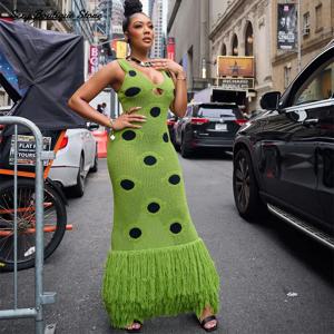 여성 섹시한 니트 맥시 드레스를 통해 볼 딥 넥 냄비 가운 술 밑단 포크 파티 베스 티드 2025 뉴 레이디 클럽 드레스