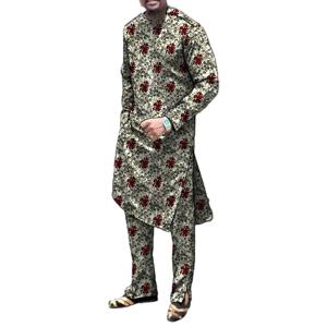 트렌디한 아프리카 의류 남성 세트 나이지리아 프린트 셔츠와 바지 맞춤 신랑 정장 맞춤 디자인 하단 슬릿 앙카라 의상