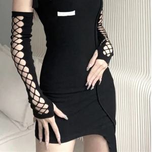 할로윈 블랙 Fishnet 핑거리스 긴 고딕 장갑 탄력 팔 커프 파티 착용 여성 장갑 코스프레 벙어리 장갑