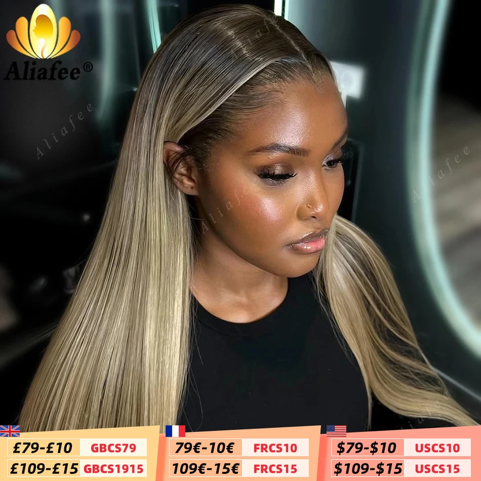 옴브레 더티 블론드 스트레이트 레이스 프론탈 가발 13x6 인모 가발 애쉬 블론드 (어두운 뿌리 포함) 13x4 레이스 프론탈 여성용 가발